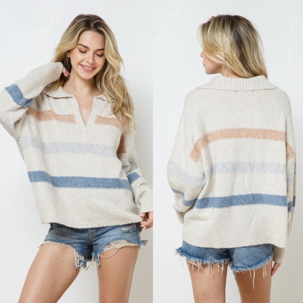 Horizontal Striped Collard V-Neck Loose Fit Sweater